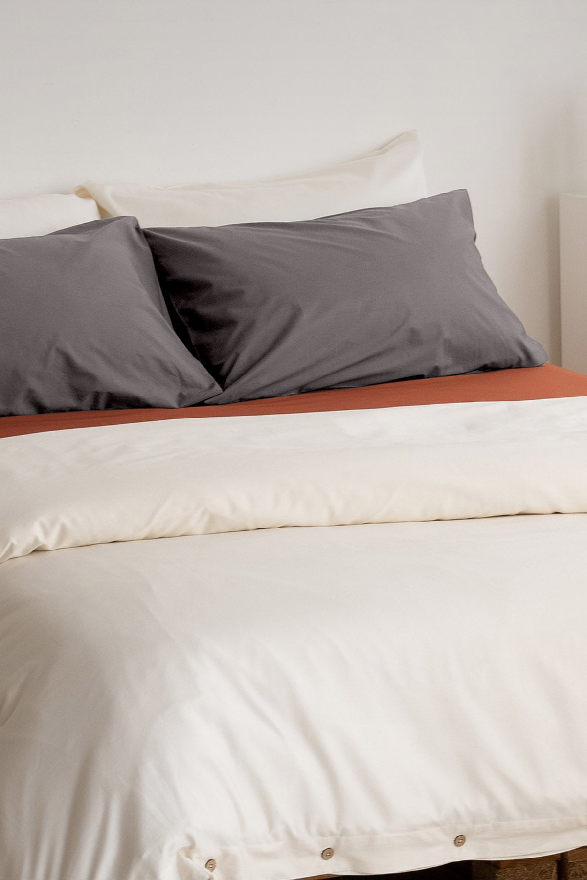 Classic Natural Duvet Cover paired with Classic Stone Pillow Case and Crisp Clay Fitted Sheet by SOJAO