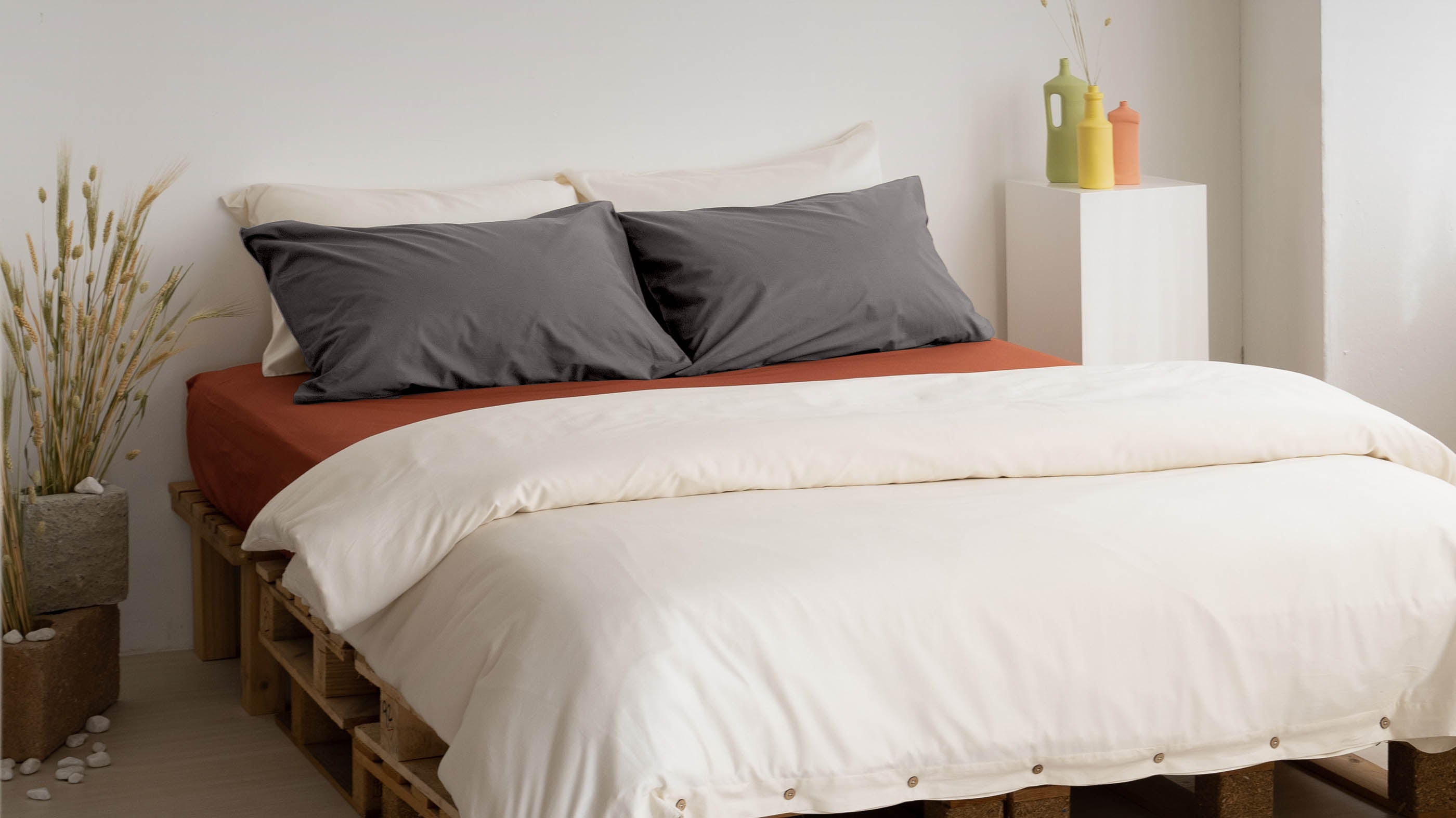 Classic Natural Duvet Cover paired with Classic Stone Pillow Case and Crisp Clay Fitted Sheet by SOJAO